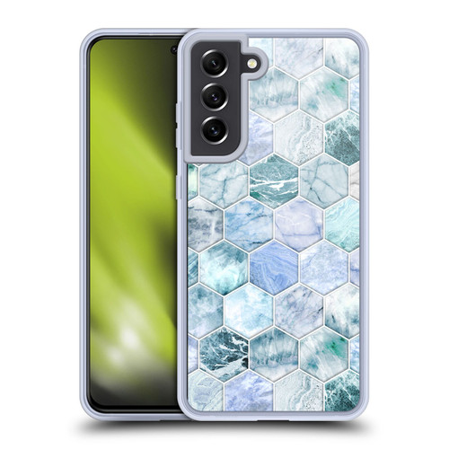Micklyn Le Feuvre Marble Patterns Ice Blue And Jade Stone And Hexagon Tiles Soft Gel Case for Samsung Galaxy S21 FE 5G & MagSafe