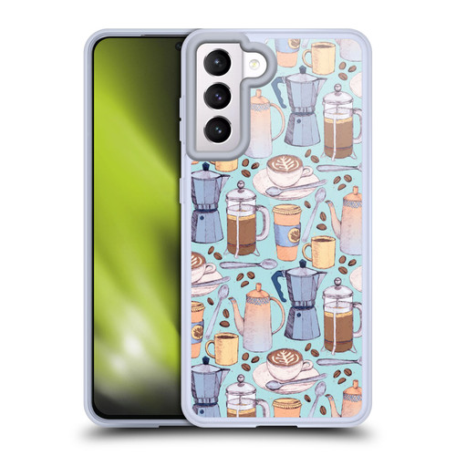 Micklyn Le Feuvre Patterns 2 Coffee Love On Blue Soft Gel Case for Samsung Galaxy S21 5G & MagSafe