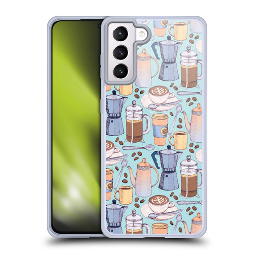 Micklyn Le Feuvre Patterns 2 Coffee Love On Blue Soft Gel Case for Samsung Galaxy S21+ 5G & MagSafe