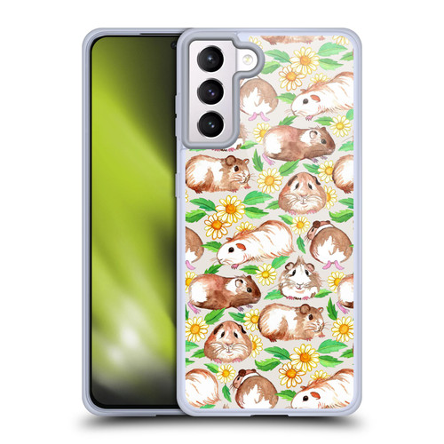 Micklyn Le Feuvre Patterns 2 Guinea Pigs And Daisies In Watercolour On Tan Soft Gel Case for Samsung Galaxy S21+ 5G & MagSafe
