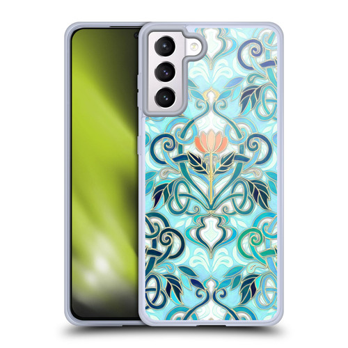 Micklyn Le Feuvre Patterns 2 Ocean Aqua Art Nouveau With Peach Flowers Soft Gel Case for Samsung Galaxy S21+ 5G & MagSafe