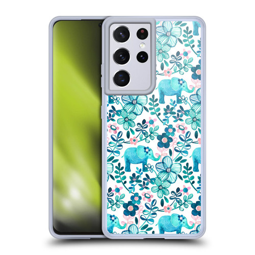 Micklyn Le Feuvre Patterns 2 Dusty Pink White And Teal Elephant Soft Gel Case for Samsung Galaxy S21 Ultra 5G & MagSafe