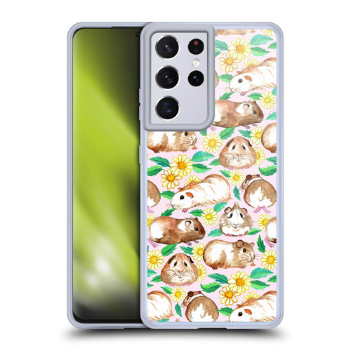 Micklyn Le Feuvre Patterns 2 Guinea Pigs And Daisies In Watercolour On Pink Soft Gel Case for Samsung Galaxy S21 Ultra 5G & MagSafe