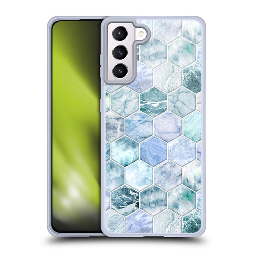 Micklyn Le Feuvre Marble Patterns Ice Blue And Jade Stone And Hexagon Tiles Soft Gel Case for Samsung Galaxy S21+ 5G & MagSafe