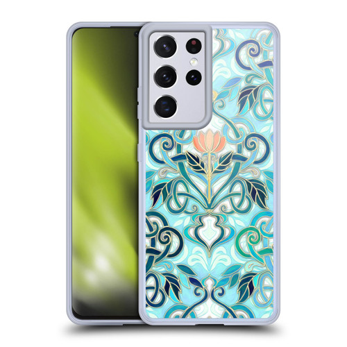 Micklyn Le Feuvre Patterns 2 Ocean Aqua Art Nouveau With Peach Flowers Soft Gel Case for Samsung Galaxy S21 Ultra 5G & MagSafe