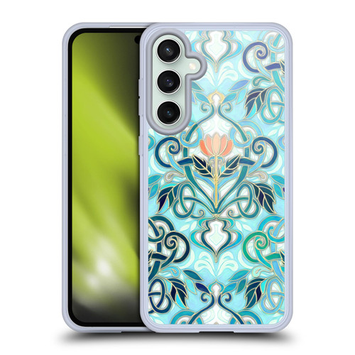Micklyn Le Feuvre Patterns 2 Ocean Aqua Art Nouveau With Peach Flowers Soft Gel Case for Samsung Galaxy S23 FE 5G & MagSafe