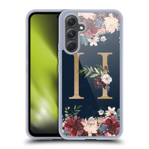 Nature Magick Floral Monogram Gold Navy Letter H Soft Gel Case for Samsung Galaxy A54 5G