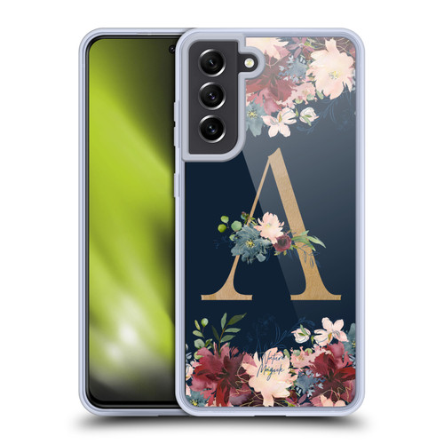Nature Magick Floral Monogram Gold Navy Letter A Soft Gel Case for Samsung Galaxy S21 FE 5G & MagSafe