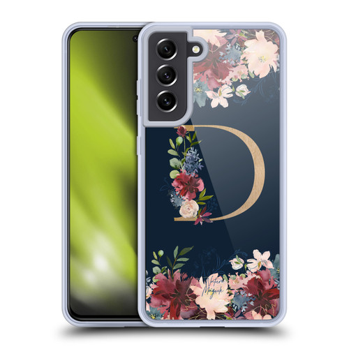 Nature Magick Floral Monogram Gold Navy Letter D Soft Gel Case for Samsung Galaxy S21 FE 5G & MagSafe