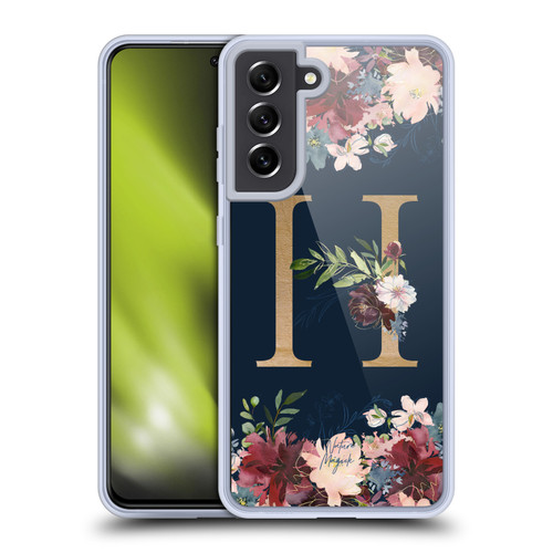 Nature Magick Floral Monogram Gold Navy Letter H Soft Gel Case for Samsung Galaxy S21 FE 5G & MagSafe