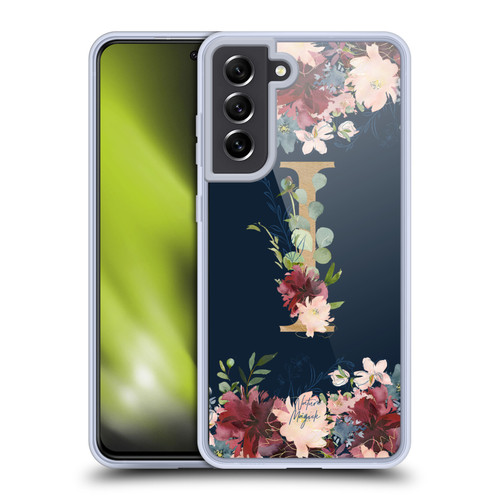 Nature Magick Floral Monogram Gold Navy Letter I Soft Gel Case for Samsung Galaxy S21 FE 5G & MagSafe