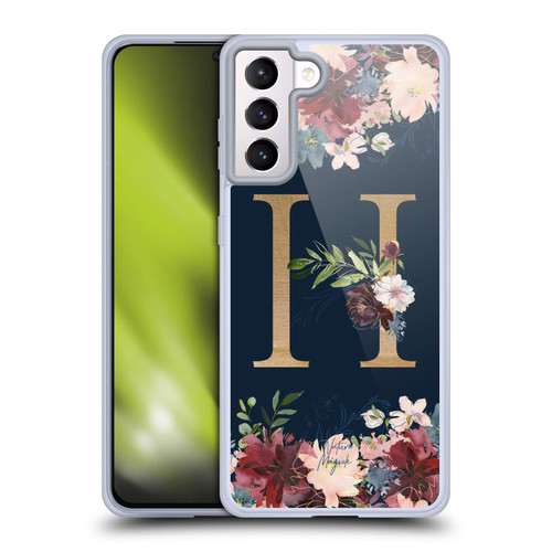 Nature Magick Floral Monogram Gold Navy Letter H Soft Gel Case for Samsung Galaxy S21+ 5G & MagSafe