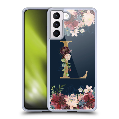 Nature Magick Floral Monogram Gold Navy Letter L Soft Gel Case for Samsung Galaxy S21+ 5G & MagSafe