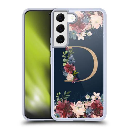 Nature Magick Floral Monogram Gold Navy Letter D Soft Gel Case for Samsung Galaxy S22 5G & MagSafe