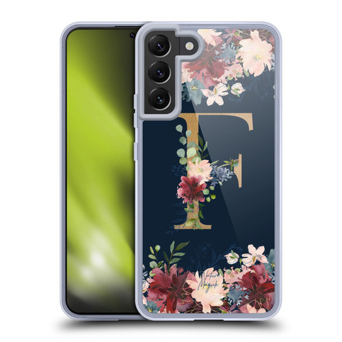 Nature Magick Floral Monogram Gold Navy Letter F Soft Gel Case for Samsung Galaxy S22+ 5G & MagSafe