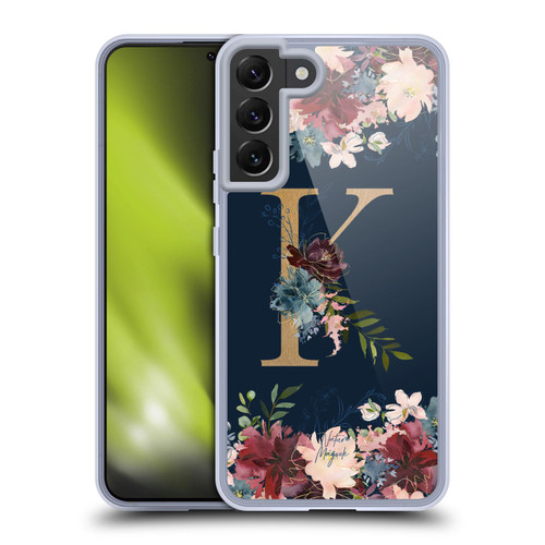 Nature Magick Floral Monogram Gold Navy Letter K Soft Gel Case for Samsung Galaxy S22+ 5G & MagSafe