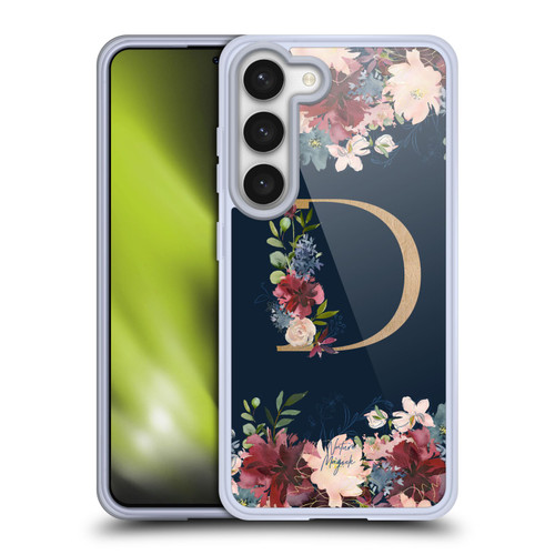 Nature Magick Floral Monogram Gold Navy Letter D Soft Gel Case for Samsung Galaxy S23 5G & MagSafe