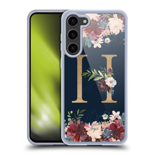 Nature Magick Floral Monogram Gold Navy Letter H Soft Gel Case for Samsung Galaxy S23+ 5G & MagSafe
