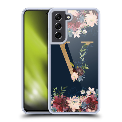 Nature Magick Floral Monogram Gold Navy 2 Letter V Soft Gel Case for Samsung Galaxy S21 FE 5G & MagSafe