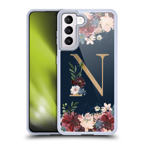 Nature Magick Floral Monogram Gold Navy 2 Letter N Soft Gel Case for Samsung Galaxy S21 5G & MagSafe
