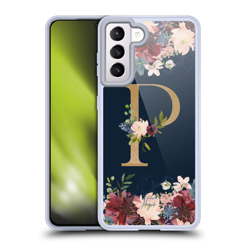 Nature Magick Floral Monogram Gold Navy 2 Letter P Soft Gel Case for Samsung Galaxy S21 5G & MagSafe