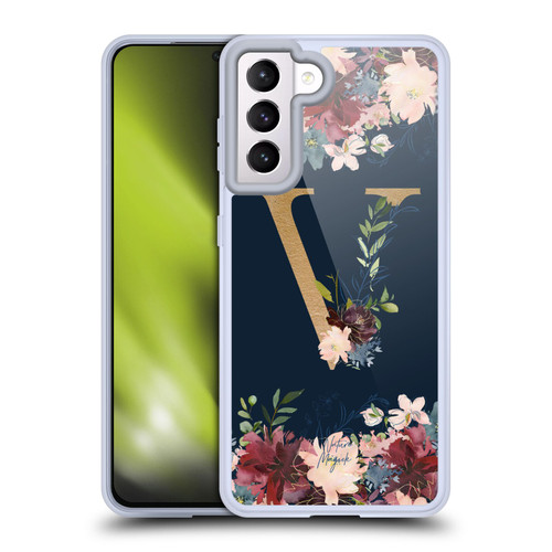 Nature Magick Floral Monogram Gold Navy 2 Letter V Soft Gel Case for Samsung Galaxy S21 5G & MagSafe