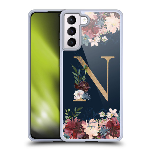 Nature Magick Floral Monogram Gold Navy 2 Letter N Soft Gel Case for Samsung Galaxy S21+ 5G & MagSafe