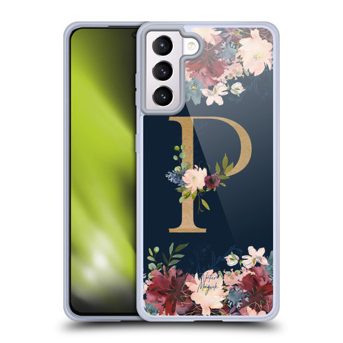Nature Magick Floral Monogram Gold Navy 2 Letter P Soft Gel Case for Samsung Galaxy S21+ 5G & MagSafe