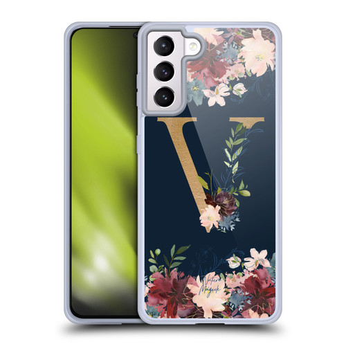 Nature Magick Floral Monogram Gold Navy 2 Letter V Soft Gel Case for Samsung Galaxy S21+ 5G & MagSafe