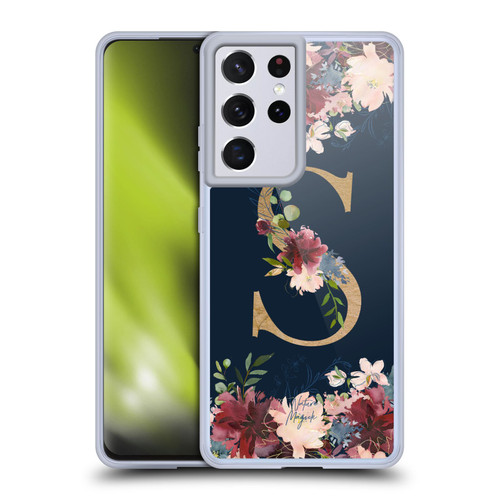 Nature Magick Floral Monogram Gold Navy 2 Letter S Soft Gel Case for Samsung Galaxy S21 Ultra 5G & MagSafe