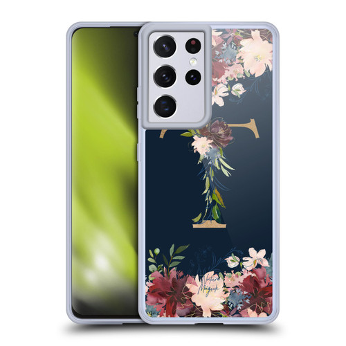 Nature Magick Floral Monogram Gold Navy 2 Letter T Soft Gel Case for Samsung Galaxy S21 Ultra 5G & MagSafe