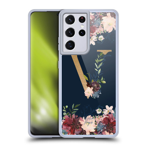 Nature Magick Floral Monogram Gold Navy 2 Letter V Soft Gel Case for Samsung Galaxy S21 Ultra 5G & MagSafe