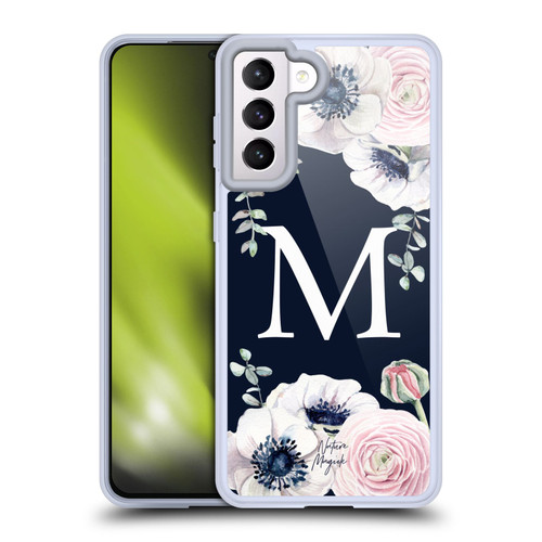Nature Magick Floral Monogram Navy Flowers 1 Letter M Soft Gel Case for Samsung Galaxy S21 5G & MagSafe