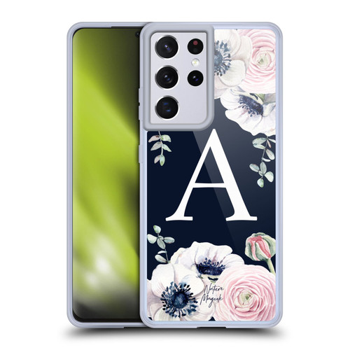 Nature Magick Floral Monogram Navy Flowers 1 Letter A Soft Gel Case for Samsung Galaxy S21 Ultra 5G & MagSafe