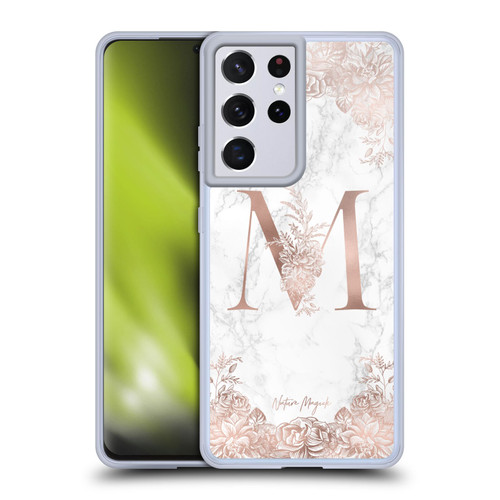 Nature Magick Rose Gold Marble Monogram Letter M Soft Gel Case for Samsung Galaxy S21 Ultra 5G & MagSafe