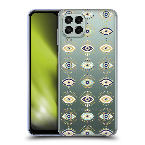 Cat Coquillette Linear White Evil Eyes Pattern Soft Gel Case for Samsung Galaxy M33 (2022)