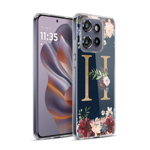 Nature Magick Floral Monogram Gold Navy Letter H Soft Gel Case for Motorola Edge 50 Neo