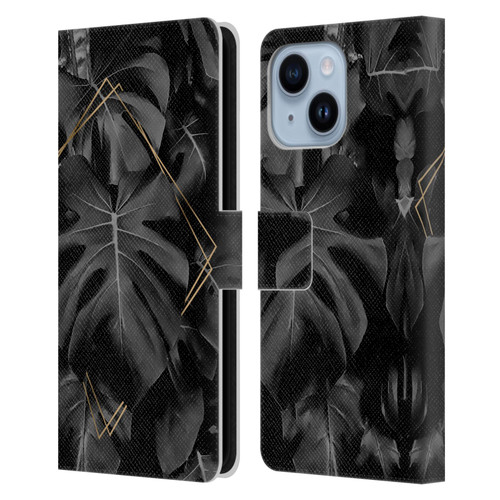 LebensArt Elegance in Black Deep Monstera Leather Book Wallet Case Cover For Apple iPhone 14 Plus