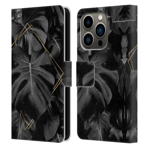 LebensArt Elegance in Black Deep Monstera Leather Book Wallet Case Cover For Apple iPhone 14 Pro