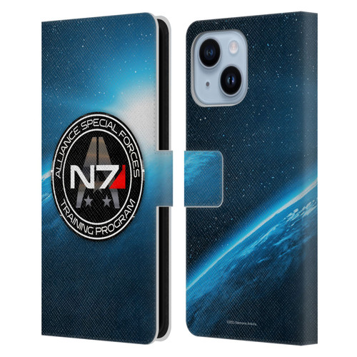 EA Bioware Mass Effect 3 Badges And Logos N7 Training Program Leather Book Wallet Case Cover For Apple iPhone 14 Plus