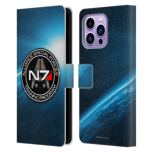 EA Bioware Mass Effect 3 Badges And Logos N7 Training Program Leather Book Wallet Case Cover For Apple iPhone 14 Pro Max