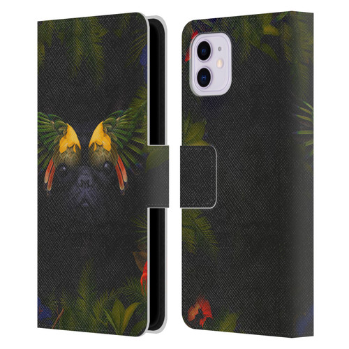 Klaudia Senator French Bulldog 2 Bird Feathers Leather Book Wallet Case Cover For Apple iPhone 11