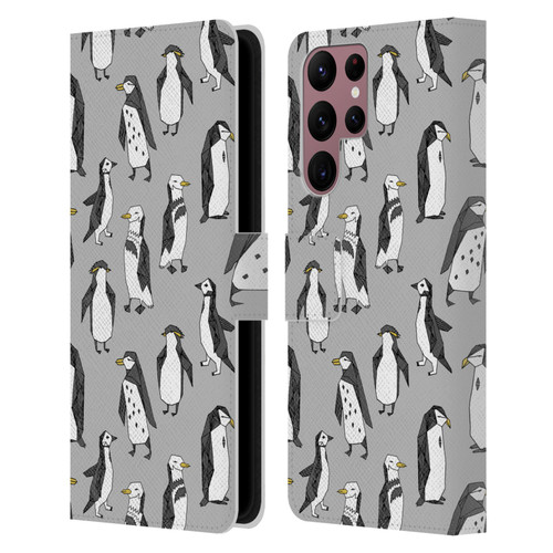 Andrea Lauren Design Birds Gray Penguins Leather Book Wallet Case Cover For Samsung Galaxy S22 Ultra 5G
