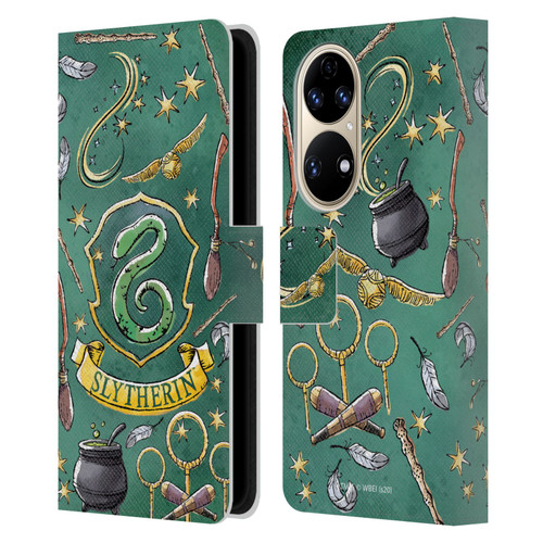 Harry Potter Deathly Hallows XIII Slytherin Pattern Leather Book Wallet Case Cover For Huawei P50
