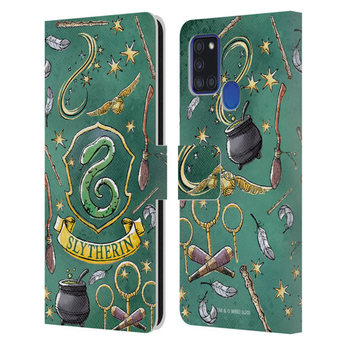 Harry Potter Deathly Hallows XIII Slytherin Pattern Leather Book Wallet Case Cover For Samsung Galaxy A21s (2020)