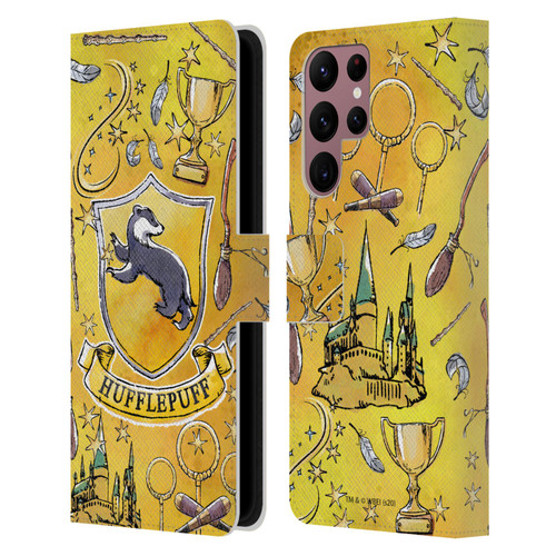 Harry Potter Deathly Hallows XIII Hufflepuff Pattern Leather Book Wallet Case Cover For Samsung Galaxy S22 Ultra 5G