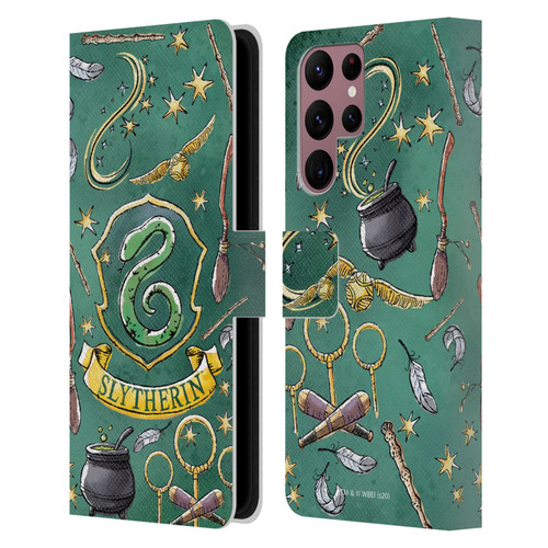 Harry Potter Deathly Hallows XIII Slytherin Pattern Leather Book Wallet Case Cover For Samsung Galaxy S22 Ultra 5G