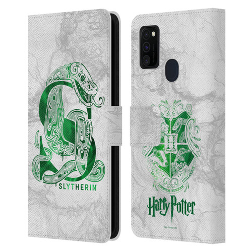 Harry Potter Deathly Hallows IX Slytherin Aguamenti Leather Book Wallet Case Cover For Samsung Galaxy M30s (2019)/M21 (2020)