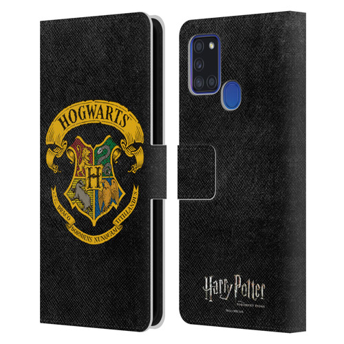 Harry Potter Sorcerer's Stone I Hogwarts Crest Leather Book Wallet Case Cover For Samsung Galaxy A21s (2020)
