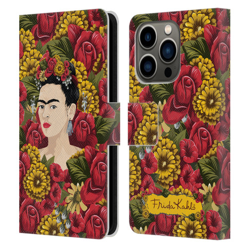 Frida Kahlo Red Florals Portrait Pattern Leather Book Wallet Case Cover For Apple iPhone 14 Pro